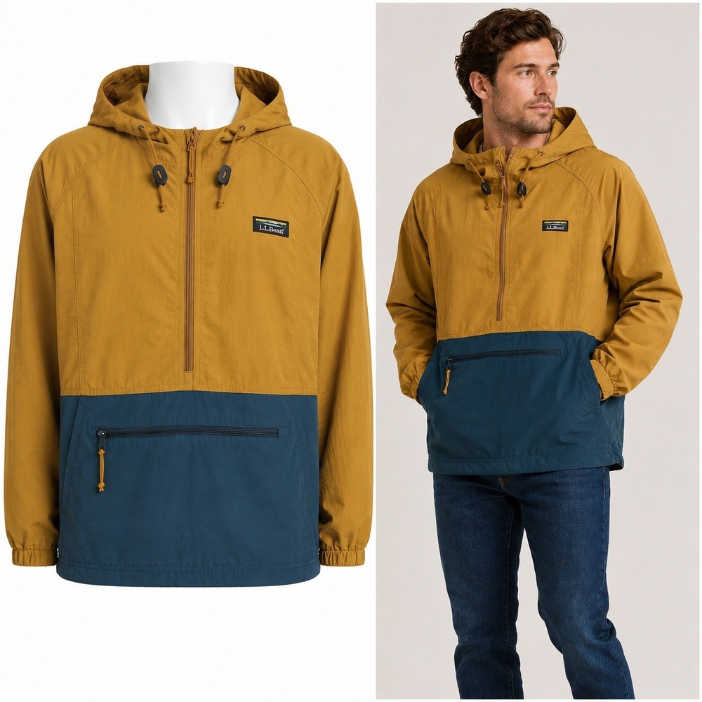 L.L.Bean Mountain Classic Anorak Mens L Colorblock Yellow Blue Pullover Jacket